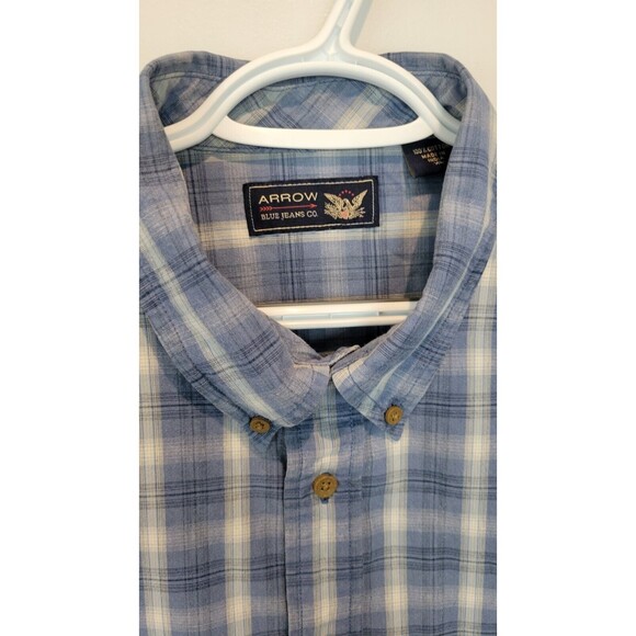 Arrow Shirt Mens Large Blue Check Button Down 100% Cotton Casual Short Sleeve - Picture 3 of 11